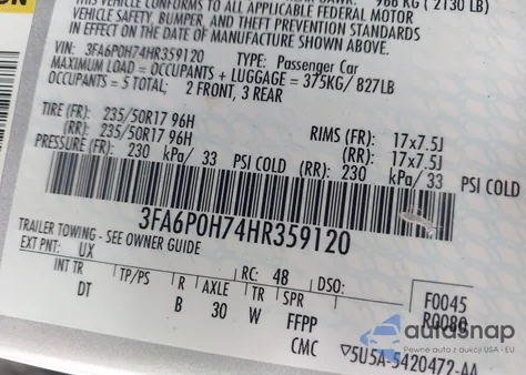 2017 Ford Fusion Se z USA, uszkodzony, nr VIN 3FA6P0H74HR359120